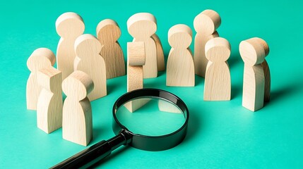 Fototapeta premium Magnifying glass and group of wood people in a teal studio