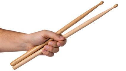 hand holding drumsticks isolated on white