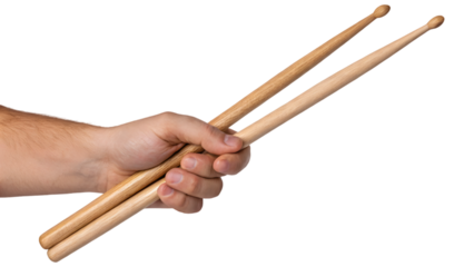 hand holding drumsticks isolated on white