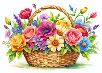 Fototapeta premium Hand-Painted Flower Basket Backdrop: Vibrant Floral Arrangement with Copy Space