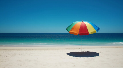 Fototapeta premium Colorful Beach Umbrella Standing Alone on Sunny Sandy Shore.