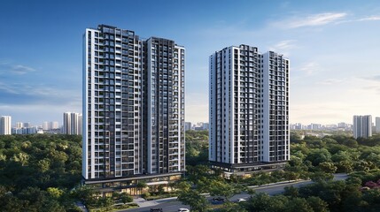 Two modern residential towers amidst greenery and urban landscape.