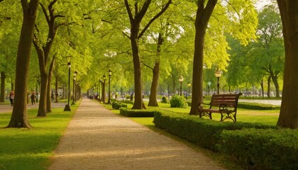 Pathway to Serenity: An inviting pathway winds through a vibrant park, canopied by lush green trees, inviting a sense of peace and tranquility. The scene captures a feeling of harmony.