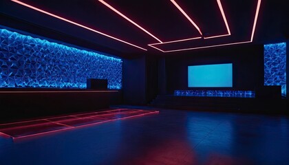 Modern Nightclub: The stylish interior of a vibrant nightclub, bathed in neon lights, creates an electric atmosphere. The image showcases a sleek design with a dance floor, stage and ambient lighting.