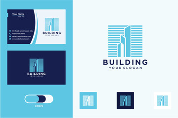Modern Blue Pixel Art Building Logo Design with Business Cards