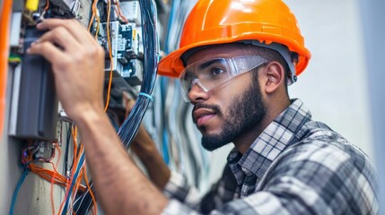 A technician installing fiber optic cables for high-speed internet connections in an office.