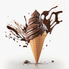 Chocolate ice cream cone with chocolate splashes on white background