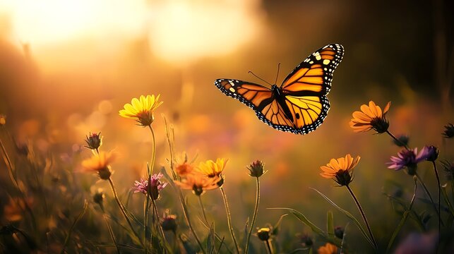 A beautiful orange and black butterfly flies near wildflowers in a field