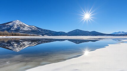 Mountain reflecting on lake under sun, for travel scenery