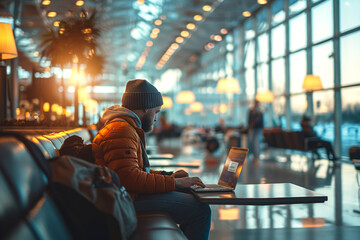 A man in a beanie working on his laptop in a brightly lit airport lounge during sunset.