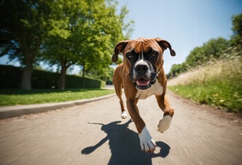 Obraz premium boxer breed dog running in natural meadown, doggy playing outdoors in the countryside, canine purebred happy on the nature
