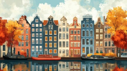 Obraz premium Amsterdam Netherlands Poster Illustration Travel Print Decor Gift Paper Canvas Wall Retro Art