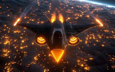 A powerful jet fighter with a sharp angular design, dark camouflage patterns, and afterburners glowing orange as it soars through the sky.