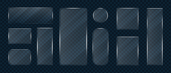 Flat glass frames of geometric shape empty, Glass transparent realistic effect texture set, Shining glare on transparent mirror surface, Vector illustration.