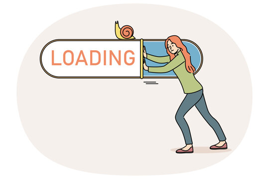 Woman suffers from slow internet and pushes loading bar with snail, needing to connect to 5G network. Problems with internet causing decrease in productivity for completing work tasks