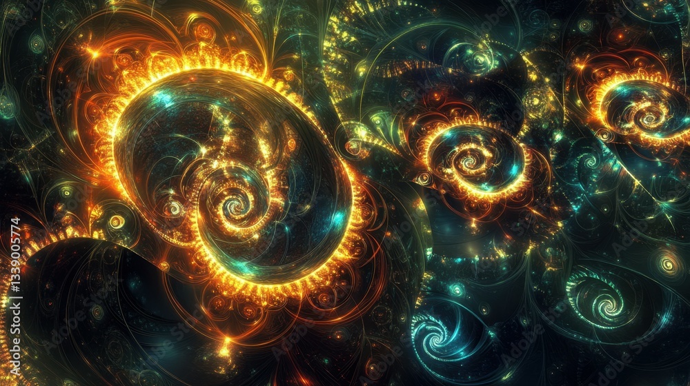 Poster digital abstract design with circular patterns and glowing lights in a futuristic style