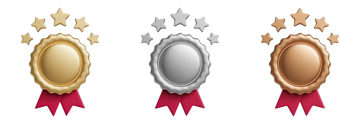 Empty Blank Gold Silver and Bronze award medals with ribbon and stars 3d illustration isolated on transparent background. Trophy metal reward badges for winners, quality certificate and prize warranty