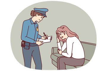 Woman police officer interrogates victim of robbery or attempted sexual assault to find perpetrator. Police officer investigates crimes, recording girl testimony for further investigation.