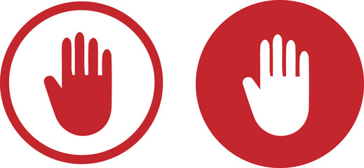 red circular signs, white hand symbols, stop gesture, traffic warning, minimal design, vector graphics, bold colors, safety icons, flat illustration, symmetrical composition,