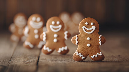 Gingerbread cookies with smiling faces on wooden table, festive and cheerful