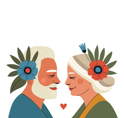 Vector illustration with old couple of man and woman. Romantic print design, active healthy lifestyle concept art with people and flowers. Mental health, relationship poster.