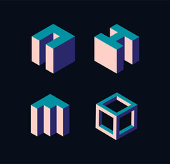 Abstract isometric geometric shapes in modern minimalistic style, featuring optical illusions 3D-like structures in vibrant colors on dark background. Concept of design aesthetics. Vector illustration
