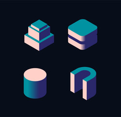Set of four isometric geometric shapes with modern gradient color scheme on a dark background. Shapes include stacked cubes, layered rounded squares, cylinder, and an open arch. Vector illustration