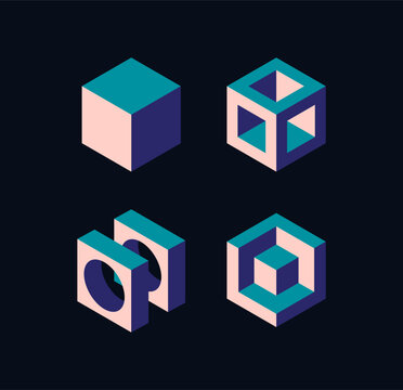 Set of geometric optical illusion cubes in isometric style on a dark background. Abstract shapes with impossible structures creating a surreal effect. Vector illustration