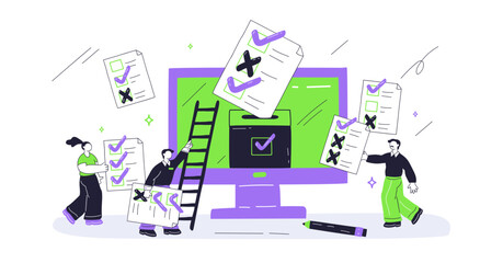 The image illustrates a playful survey concept with checklists, a computer screen, and a ladder, transparent background.