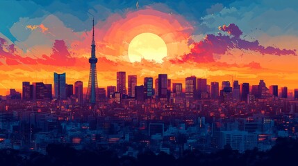 Obraz premium Tokyo Japan Poster Illustration Travel Print Decor Gift Paper Canvas Wall Retro Art
