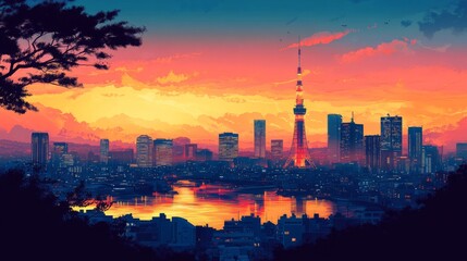 Naklejka premium Tokyo Japan Poster Illustration Travel Print Decor Gift Paper Canvas Wall Retro Art
