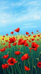Fototapeta premium Bright and cheerful illustration of a field of vibrant red poppies against a blue sky 
