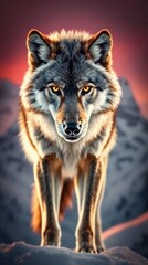 Fototapeta premium Majestic wolf staring intently with glowing eyes against a dramatic mountainous backdrop