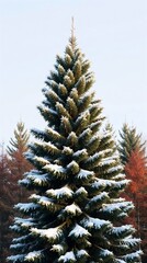 Snow-dusted evergreen tree standing tall in a winter landscape against a pale sky
