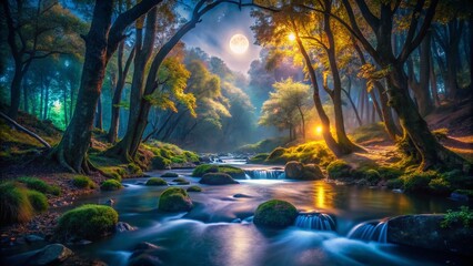 Glowing Stream in Dark Forest Night - Mystical Nature Photography