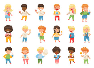 Cute Boy and Girl Drinking Soda and Eating Sweets and Sugary Treats Vector Set