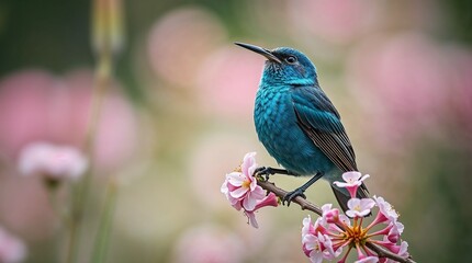 A vibrant turquoise bird perched on a blooming branch filled with pink flowers, creating a colorful spring scene