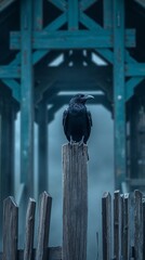 A mysterious raven perched on a wooden post, set against a moody background of a dilapidated structure 