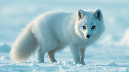 Arctic fox looking curiously on a snowy landscape