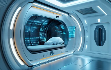 Obraz premium A sleek hyperloop pod with a seamless futuristic design, dark tinted windows, and soft blue interior lighting, gliding through a high-speed transport tunnel.