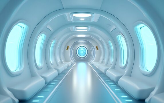 A sleek hyperloop pod with a seamless futuristic design, dark tinted windows, and soft blue interior lighting, gliding through a high-speed transport tunnel.