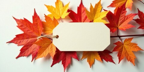 Blank autumnal tag surrounded by vibrant fall foliage, ideal for seasonal promotions or fall-themed announcements.