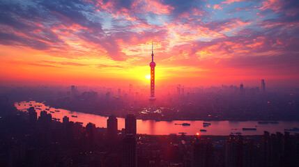 Fototapeta premium A stunning sunset over Shanghai with the iconic Oriental Pearl Tower silhouetted against vibrant orange and purple skies.