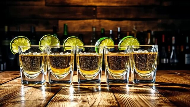 A row of golden tequila shots with juice, lime wedges and salt on a wooden table, against the background of the bar. Generative 4k video.