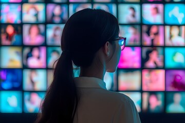 Digital Connection: A woman gazes at screens displaying a montage of diverse faces, symbolizing the interconnectedness of people through technology in a blurred background