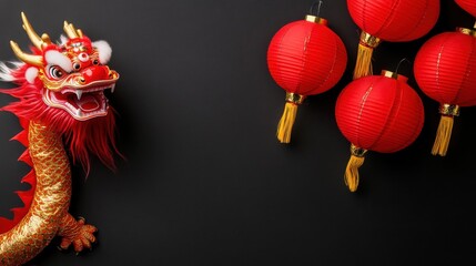 Fototapeta premium A vibrant dragon figure alongside traditional red lanterns against a dark background, symbolizing celebration and cultural festivities.