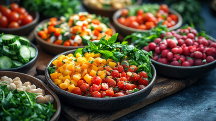A vibrant display of fresh vegetables and herbs in bowls, showcasing a colorful assortment perfect for healthy eating and culinary creativity.