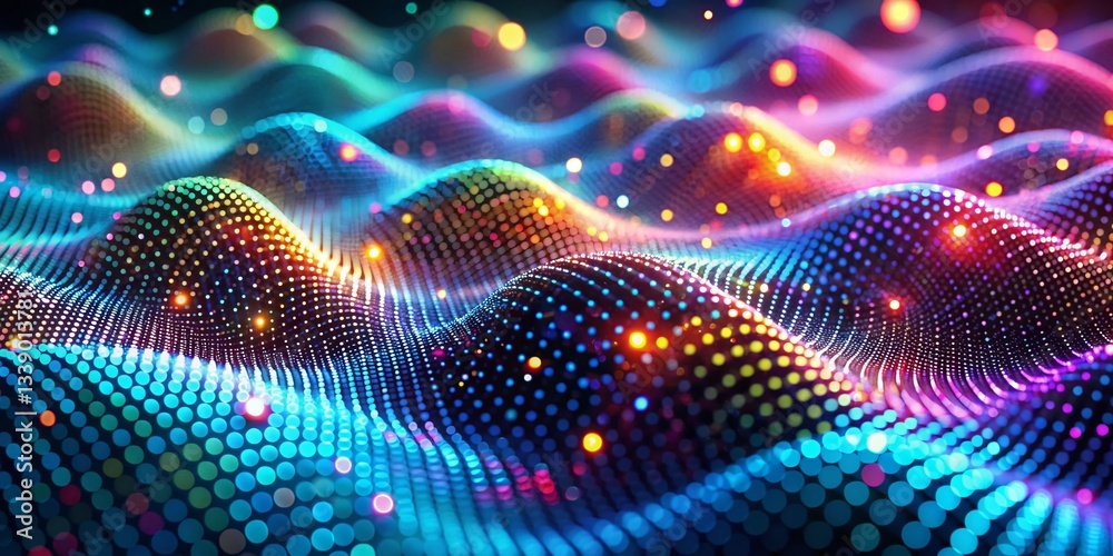 Poster futuristic dynamic particle array: 3d grid surface with tilt-shift effect