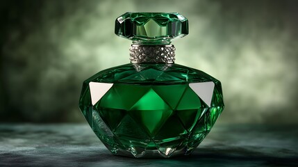 Perfume bottle with a faceted cut design and a rich emerald green hue
