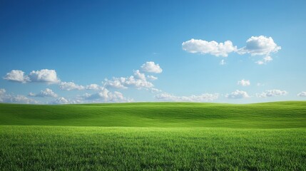 Obraz premium Endless Horizon: A vibrant panorama of a lush, verdant field under a bright, clear blue sky adorned with fluffy white clouds.